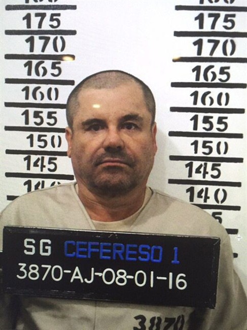 In this Jan. 8, 2016, file image released by Mexico's federal government, Mexico's most wanted drug lord, Joaquin "El Chapo" Guzman, stands for his prison mug shot with the inmate number 3870 at the Altiplano maximum security federal prison in Almoloya, Mexico.
