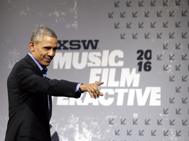 President Barack Obama waves to the audience after taking part in a South by Southwest Interactive, Friday, March 11, 2016, in Austin, Texas.