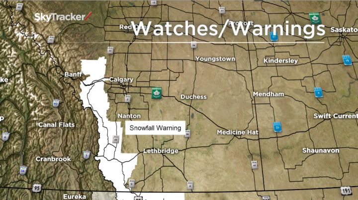 A Snowfall warning for the foothills Monday as 10-15 cm of snow is expected. 