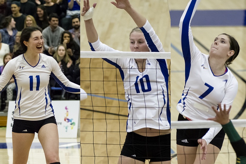 UBCO seniors Katie Wuttunee, Katy Klomps and Brianna Beamish selected for Canada West women's volleyball All-Star team.