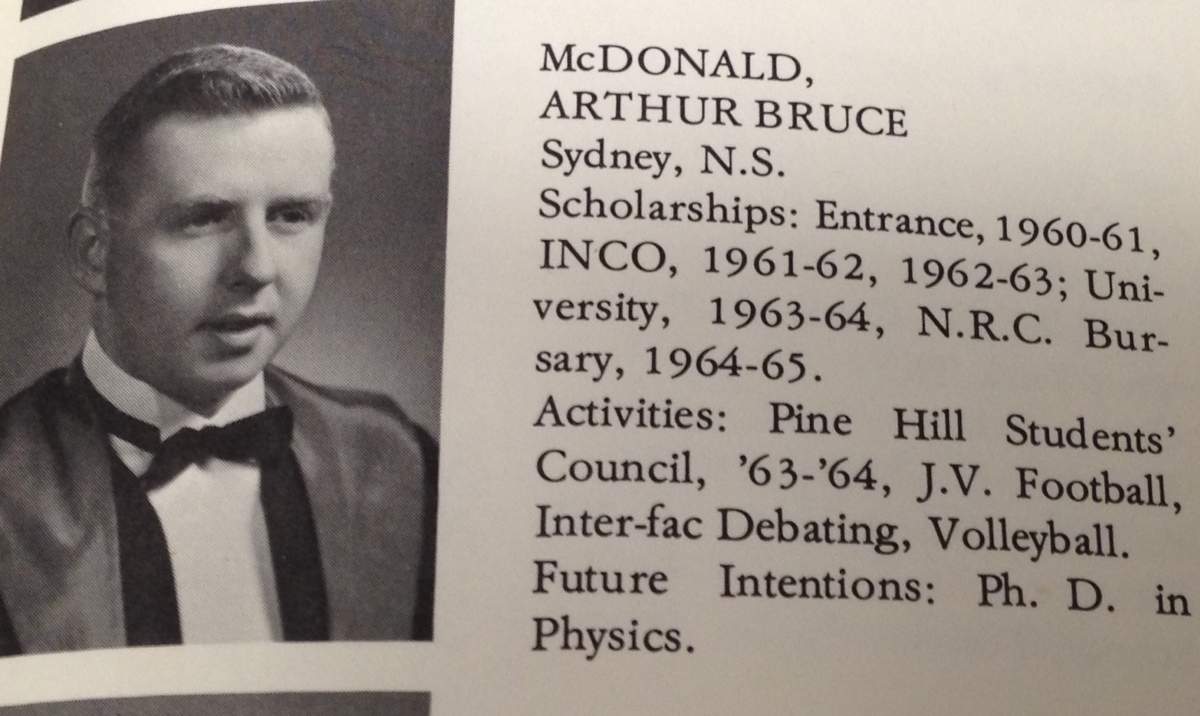 Dr. Arthur McDonald’s entry in Dalhousie University’s 1965 yearbook when he received his Master of Science degree in Physics.