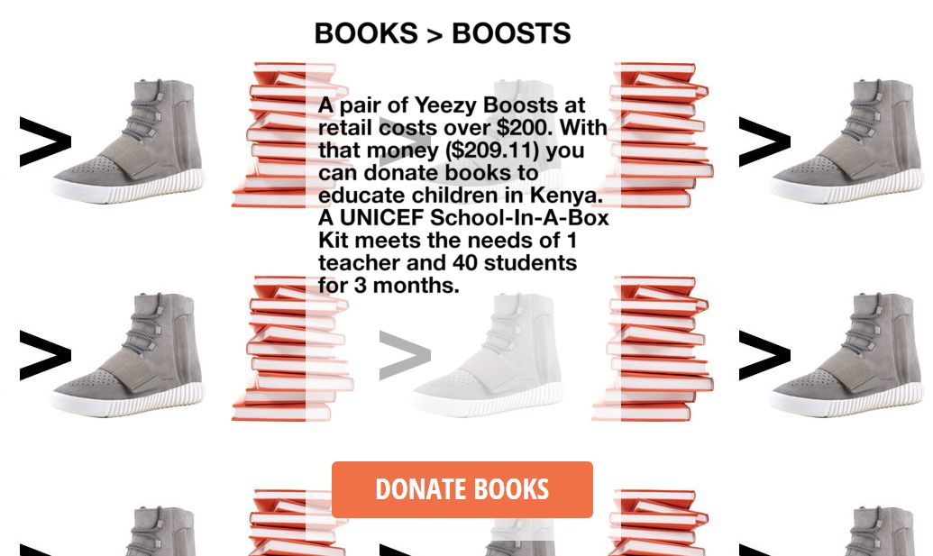 Instead of buying expensive footwear, the campaign asks people to buy books for students.