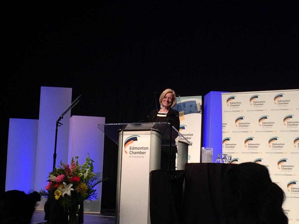 Premier Rachel Notley speaks about the budget to the Edmonton Chamber of Commerce on Friday, April 15, 2016.