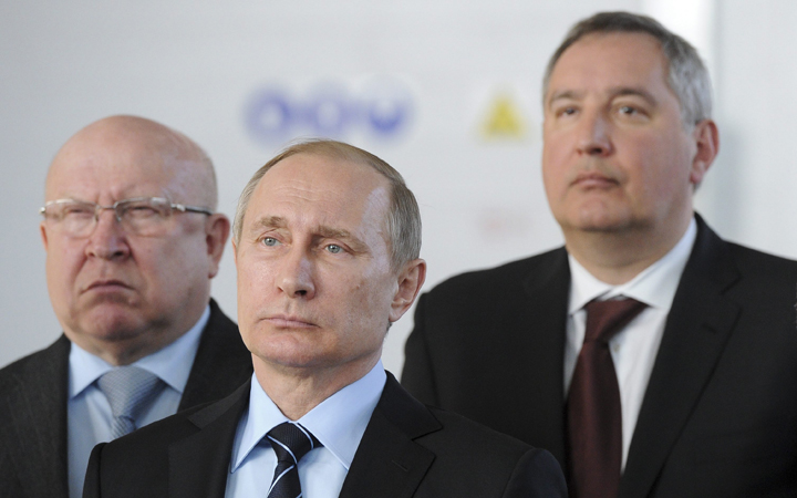 (From left) Nizhny Novgorod region governor Valery Shantsev, President Vladimir Putin, deputy premier Dmitry Rogozin .