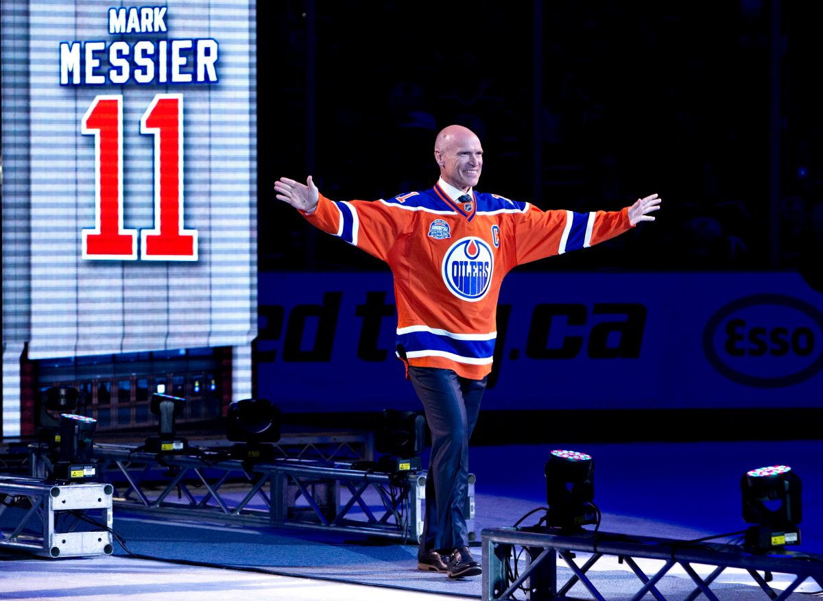 Former player Mark Messier waves to the crowd during the Edmonton Oilers farewell ceremony at Rexall Place in Edmonton, Alta., on Wednesday April 6, 2016. Messier will be one of 99 Canadians to receive the Order of Canada on its 50th anniversary.
