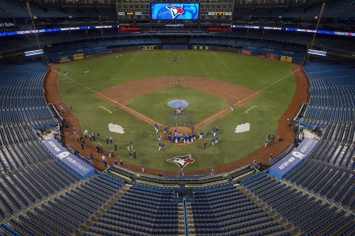Toronto Blue Jays take to a newly-designed field at the Rogers Centre in Toronto on Thursday, April 7, 2016.