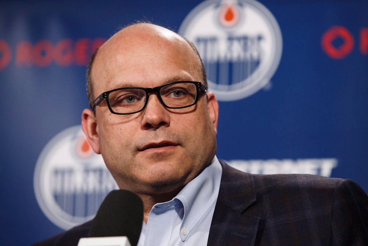Edmonton Oilers general manager Peter Chiarelli speaks to the media during the Edmonton Oilers' end-of-the-year press conference in Edmonton, Alta., on Sunday, April 10, 2016. 
