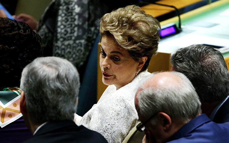 Brazilian President Dilma Rousseff talks with her delegation after speaking at the High-Level Event for the Signature of the Paris Agreement at  the United Nations Headquarters in New York, New York, USA, 22 April 2016. 