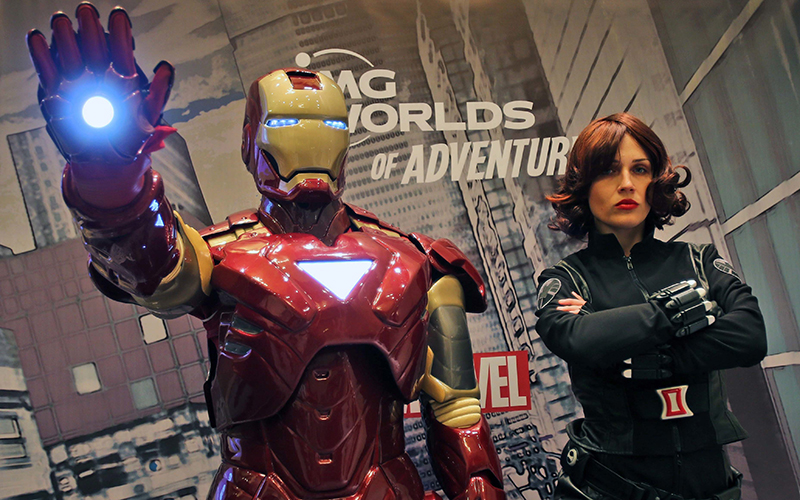 Marvel heroes, Iron Man and Black Widow pose at the IMG Worlds of Adventure press conference in Dubai, United Arab Emirates, Sunday, April 24, 2016. 