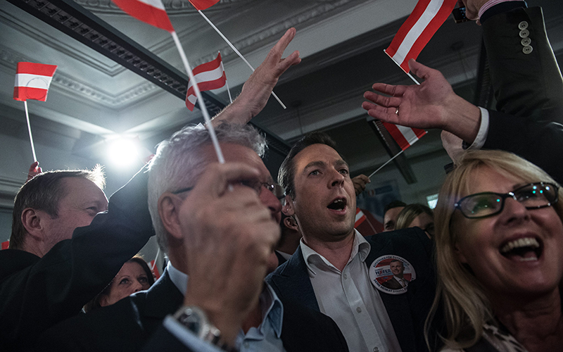 Members of the right-wing Austrian Freedom Party (FPOe) celebrates at the party headquarters after the Austrian presidential elections in Vienna, Austria, 24 April 2016. 
