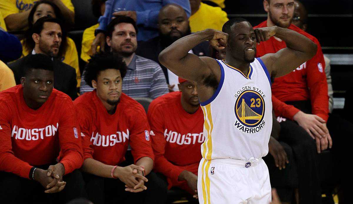 Golden State Warriors' Draymond Green (23) celebrates a score against Houston Rockets during the second half in Game 5 of a first-round NBA basketball playoff series Wednesday, April 27, 2016, in Oakland, Calif. The Warriors won 114-81 and advanced to the second round of the playoffs.