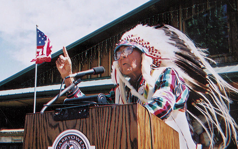 Crow tribal historian Joe Medicine Crow speaks of unity at a dedication of a "Peace Memorial," near where the bloody Battle of the Little Bighorn began 125 years ago, Sunday, June 24, 2001, in Garryowen, Mont. 