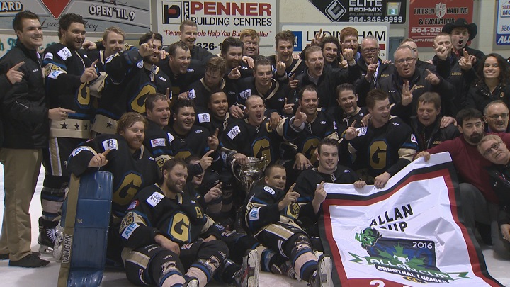 The Bentley Generals celebrate the Allan Cup championship.