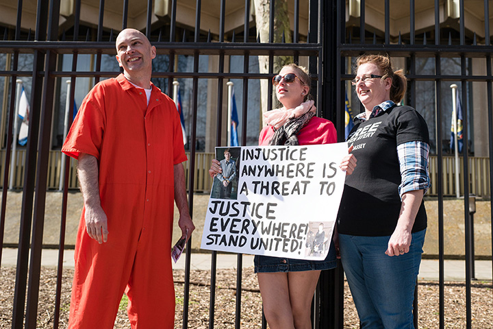 Protesters rally in front of the US Embassy in London to call for the release of Steven Avery and Brendan Dassey, both jailed in connection with the 2005 murder of Teresa Halbach in Wisconsin.