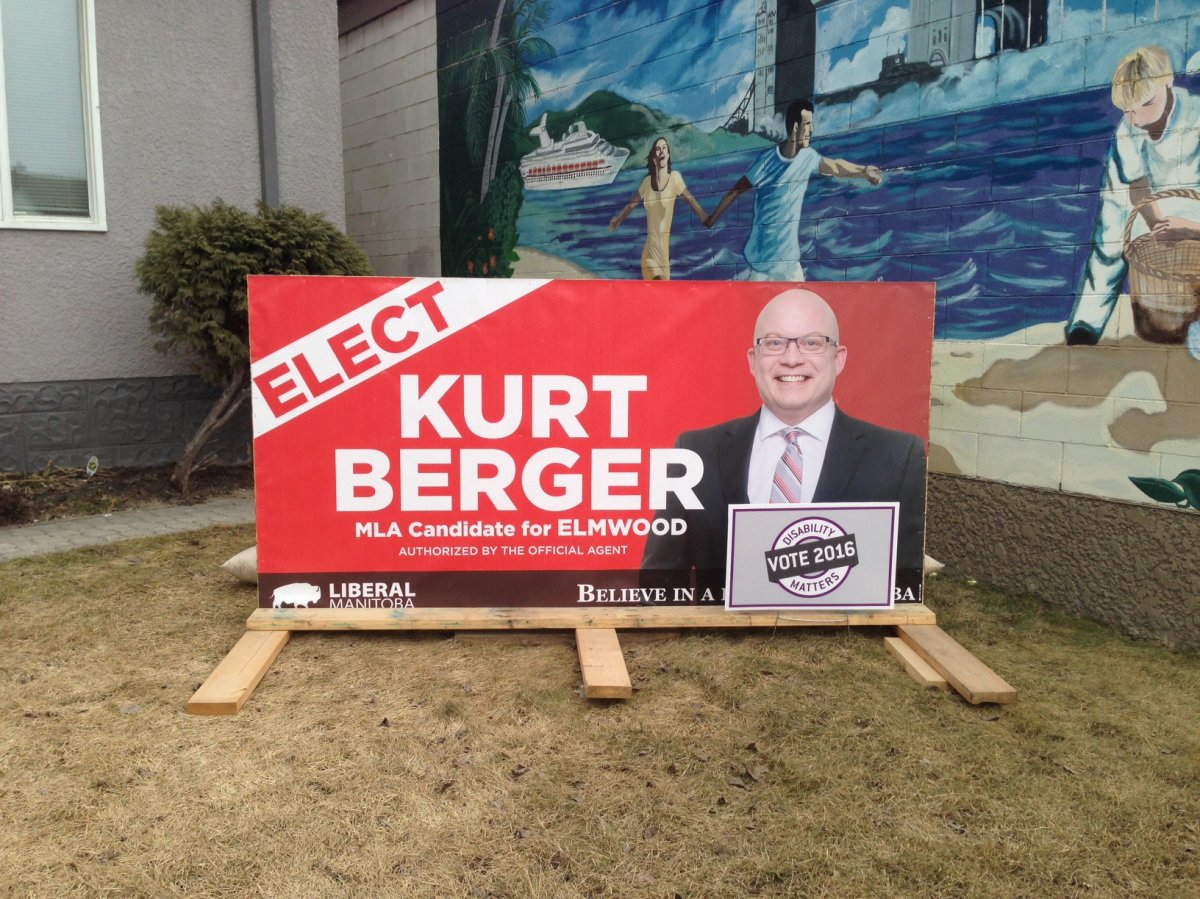 A Kurt Berger sign is seen in the Elmwood riding. The candidate is coming under fire fro admitting to assaulting his common-law wife in 2002.  