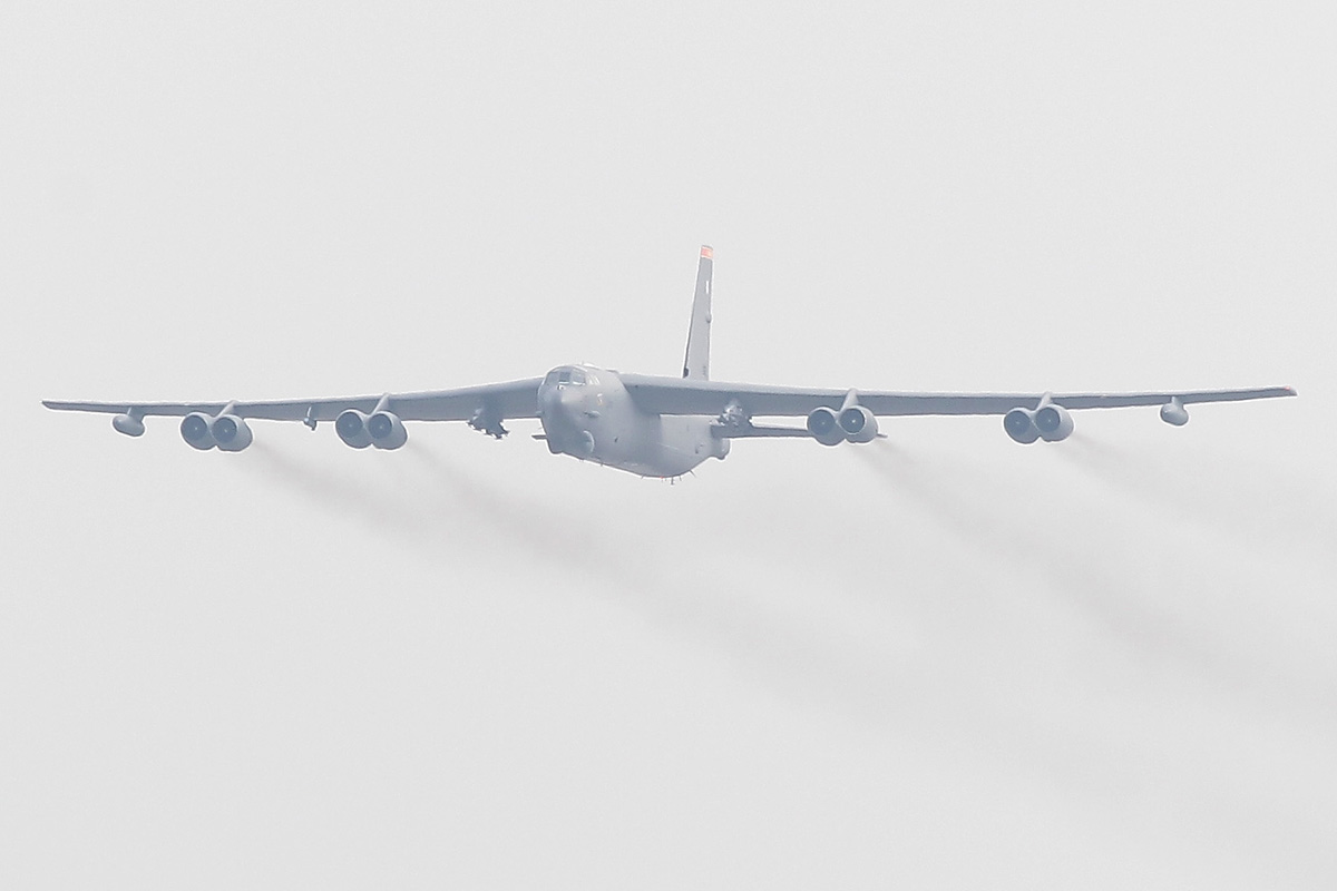 A U.S. Air Force B-52 bomber flies over Osan Air Base on January 10, 2016 in Pyeongtaek, South Korea.