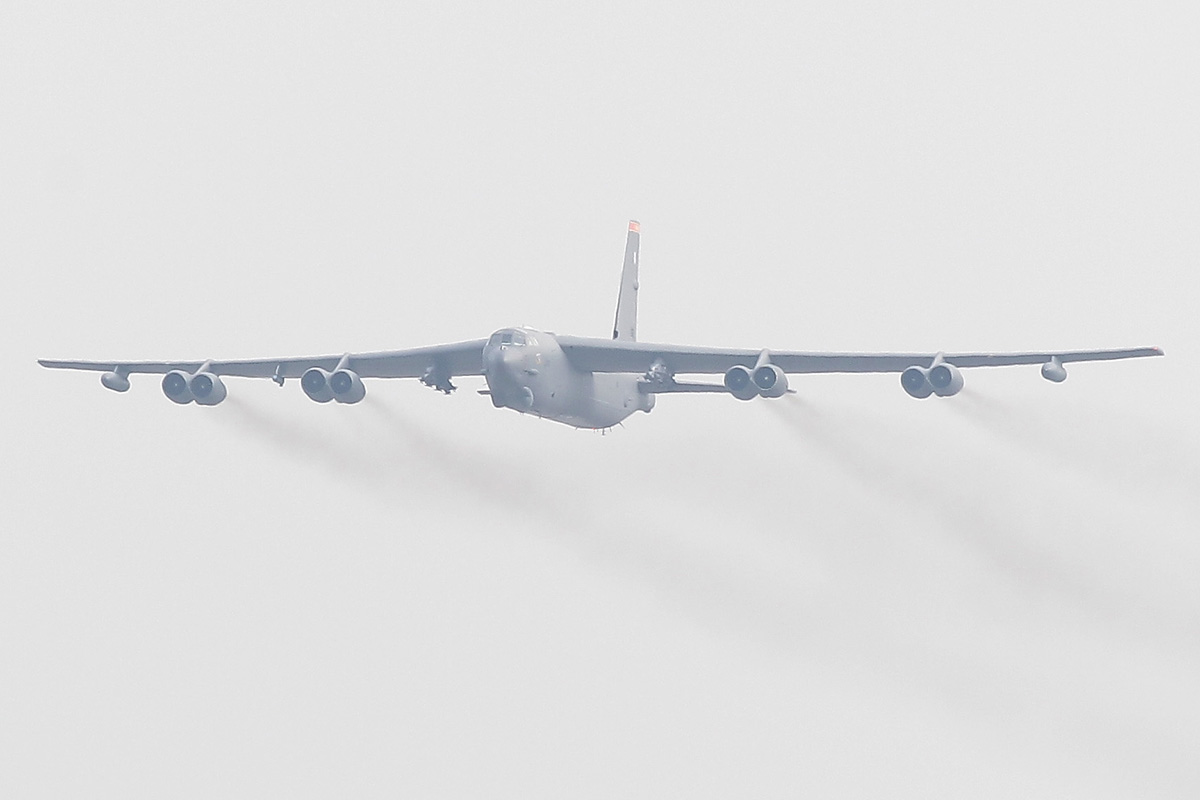 A U.S. Air Force B-52 bomber flies over Osan Air Base on January 10, 2016 in Pyeongtaek, South Korea.