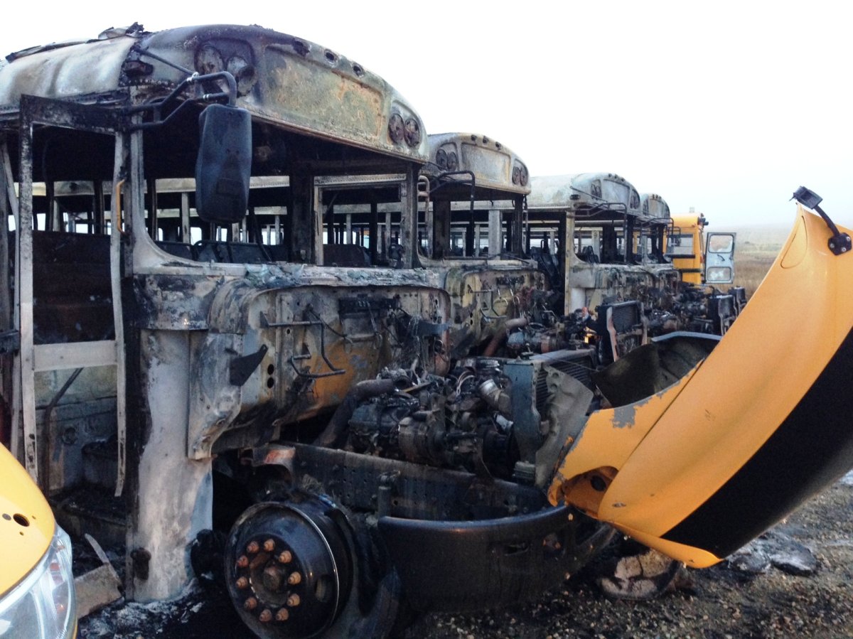 Several school buses in the area of 144 Avenue N.E. and 6 Street N.E. caught fire on Monday, April 25, 2016.