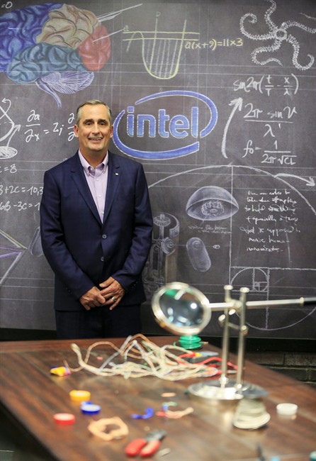 Intel CEO Brian Krzanich pauses in the television set of "America's Greatest Makers," a new reality TV challenge where teams of makers invent game-changing technology all for a chance at a $1 million.