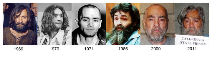 This file combo of photographs shows how Charles Manson has looked over the years from 1969 up to 2011.