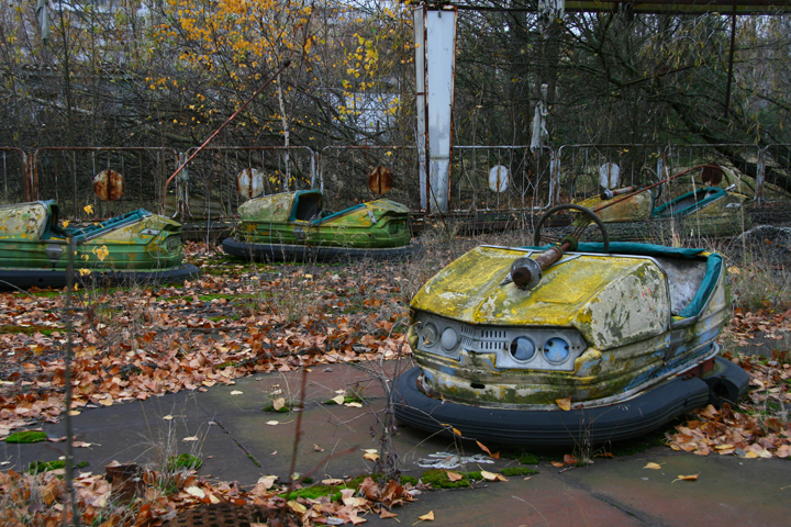 Bumper cars sit unused at a travelling amusement park in Pripyat, Ukraine.