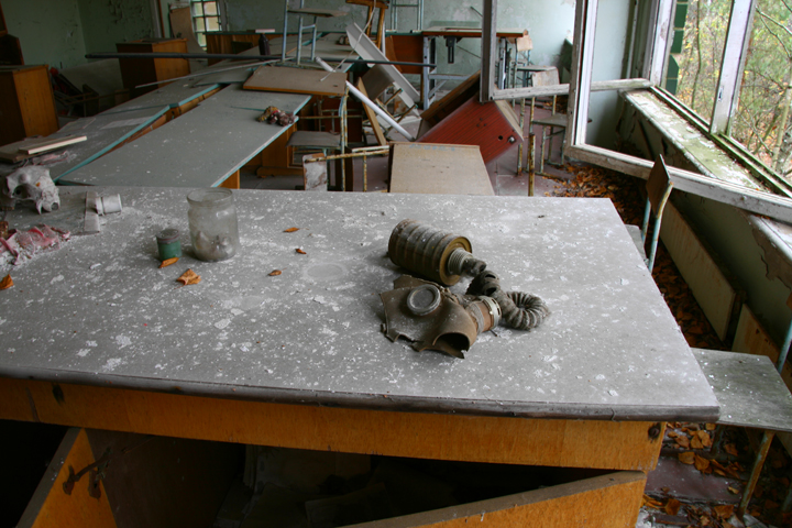 A gas mask sits on a classroom table in Pripyat, Ukraine, just 15 km northwest of the Chernobyl nuclear power plant.