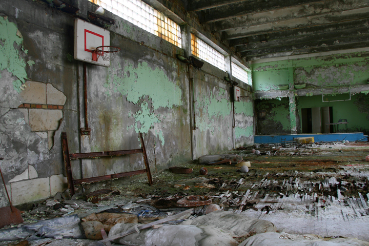 A school gymnasium in Pripyat, Ukraine, about 15 km northwest of the Chernobyl nuclear power plant.