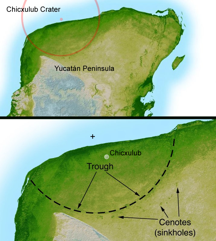 The location of the Chicxulub Crater off the Yucatan Peninsula.