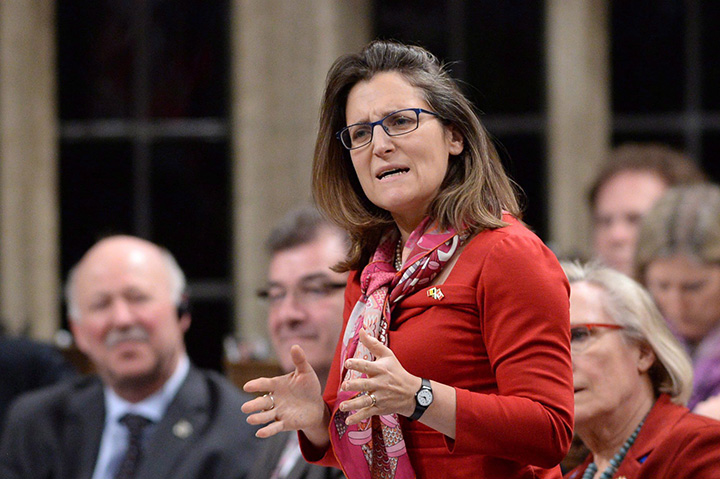 International Trade Minister Chrystia Freeland responds to a question in the House of Commons on Parliament Hill in Ottawa on Tuesday, March 22, 2016. 