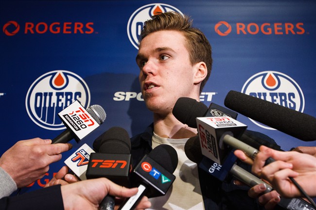 Edmonton Oilers forward Connor McDavid speaks to reporters during the Edmonton Oilers' end-of-the-year press conference in Edmonton, Alta., on Sunday, April 10, 2016. 