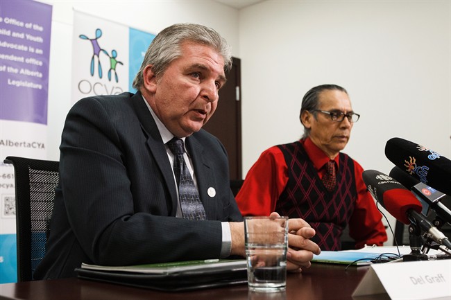 Alberta Child and Youth Advocate Del Graff, left, and Amiskwaciy Elder Francis Whiskeyjack, right, release an investigative review on the suicide deaths of seven aboriginal young people in Edmonton Alta, on Friday, April 25, 2016.