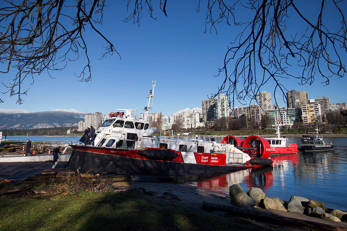 A Canadian Coast Guard hovercraft is seen docked outside the Kitsilano Coast Guard facility.