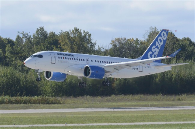 Bombardier's CSeries commercial jet takes off on its first flight on Monday, Sept. 16, 2013 in Montreal.