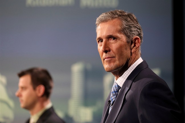 Green Party Leader James Beddome, left, and Progressive Conservative Leader Brian Pallister take part in the provincial leaders' debate in Winnipeg on April 12, 2016. 