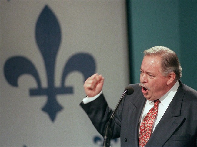 Quebec Premier Jacques Parizeau gestures during his speech to Yes supporters after losing the referendum in Montreal Monday night, Oct. 30, 1995. Quebec's national library has released the 1995 English-language videotape recording of the speech then-premier Parizeau would have given had the Yes side won the sovereignty referendum.