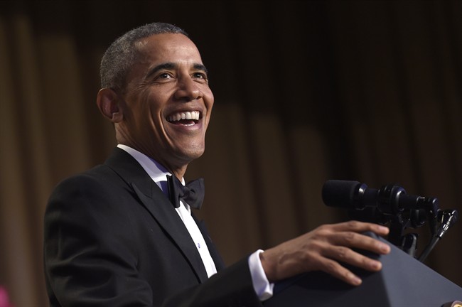 President Barack Obama speaks at the annual White House Correspondents' Association dinner in Washington, Saturday, April 30, 2016. Obama touches down in Ottawa on Wednesday morning.