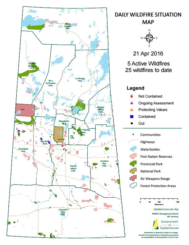 Daily Saskatchewan Wildfire Map – April 21, 2016.