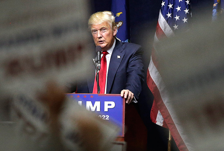 Republican presidential candidate Donald Trump speaks during a campaign rally, Wednesday, April 6, 2016, in Bethpage, N.Y. 