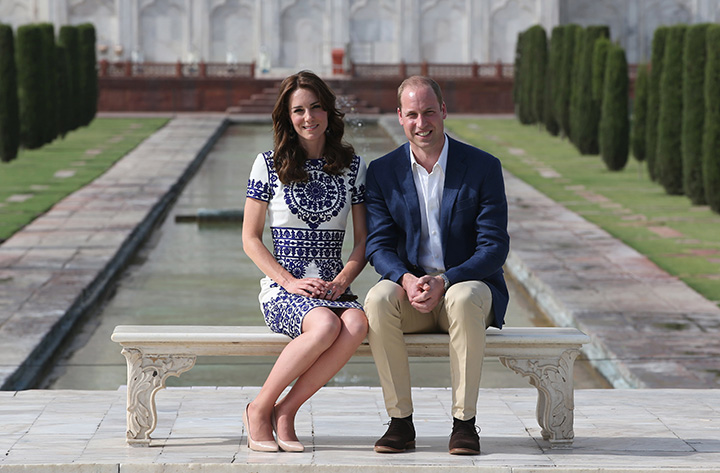 Prince William and Catherine, Duchess of Cambridge, sit in front of the Taj Mahal during day seven of the royal tour of India and Bhutan on April 16, 2016 in Agra, India. 