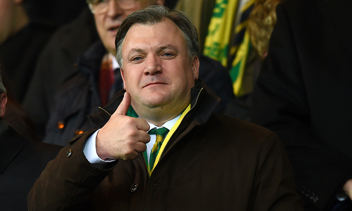 Norwich City Chairman Ed Balls gives the thumbs-up prior to the Barclays Premier League match between Norwich City and West Ham United at Carrow Road on February 13, 2016 in Norwich, England.  