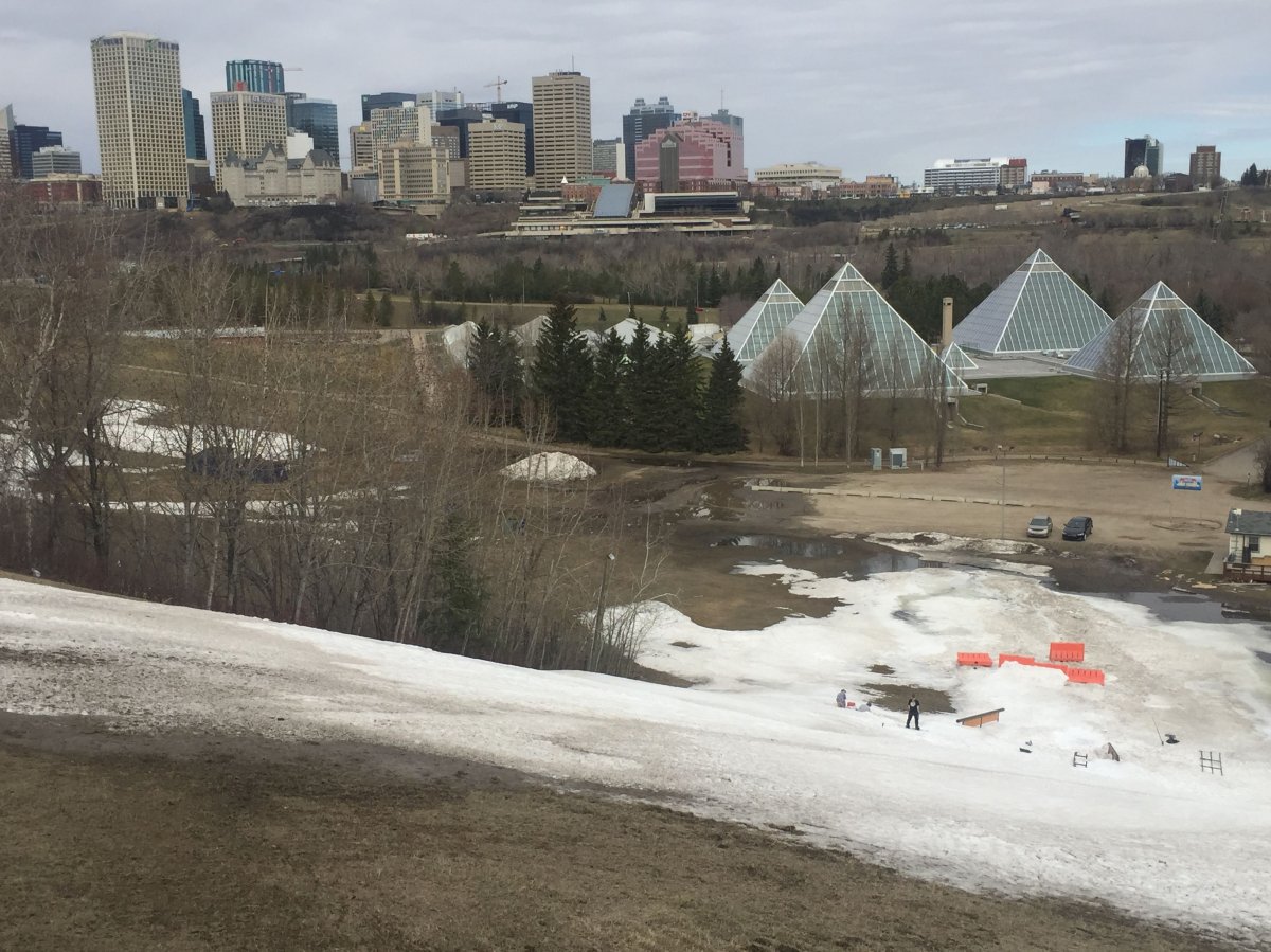 The last of Edmonton's river valley snow pack as seen from the top of the Edmonton Ski Club on April 7, 2016.