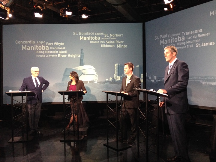 Four of Manitoba's political party leaders stand ready at the 2016 election's first and only televised debate. 