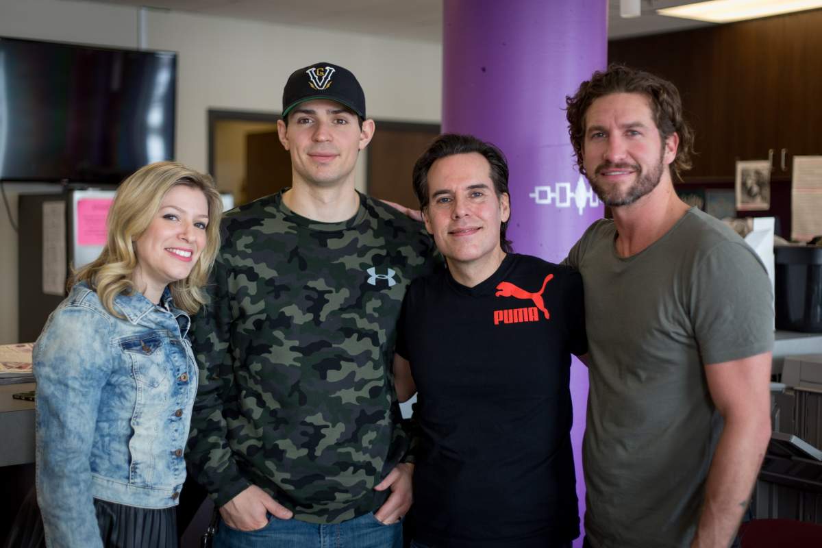 Singer Jonas, guitarist Corey Diabo, Montreal Canadiens goalie Carey Price and host Anne-Marie Withenshaw pose for a picture at Kahnawake Survival School, Wednesday, March 23, 2016.