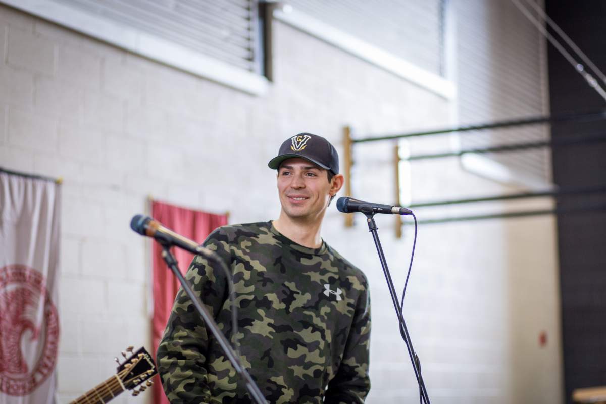 Montreal Canadiens goalie Carey Price looks out at the crowd during a speech at Kahnawake Survival School, Wednesday, March 23, 2016.