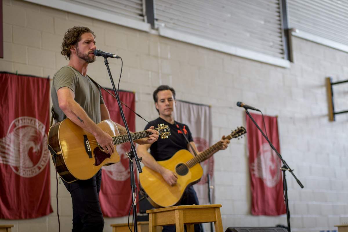 Singer Jonas and guitarist Corey Diabo perform at Kahnawake Survival School, Wednesday, March 23, 2016.