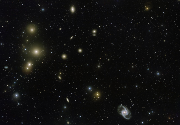 The Fornax galaxy cluster. This new VLT Survey Telescope image shows the central part of the cluster in great detail. The brightest galaxies are labelled.
