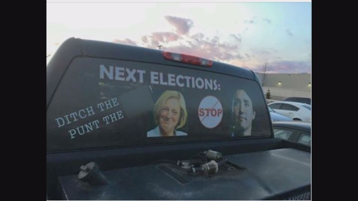 A truck owner in Strathcona County says this sign on the back of his vehicle "was meant to have the shock and awe factor.".