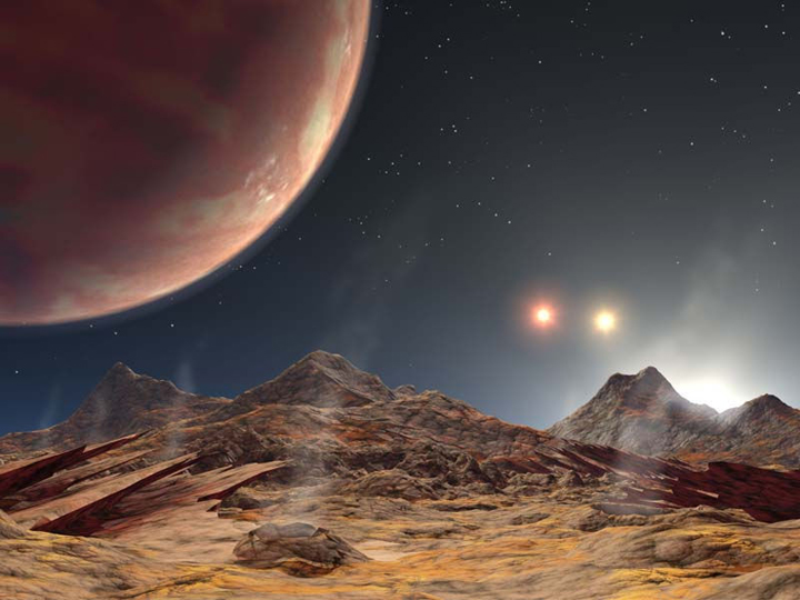 An artist's impression of what it might look like living on a planet that had three suns.