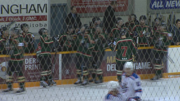 The Ile-des-Chenes North Stars celebrate after a goal at the Allan Cup in an 8-3 win over Stoney Creek.