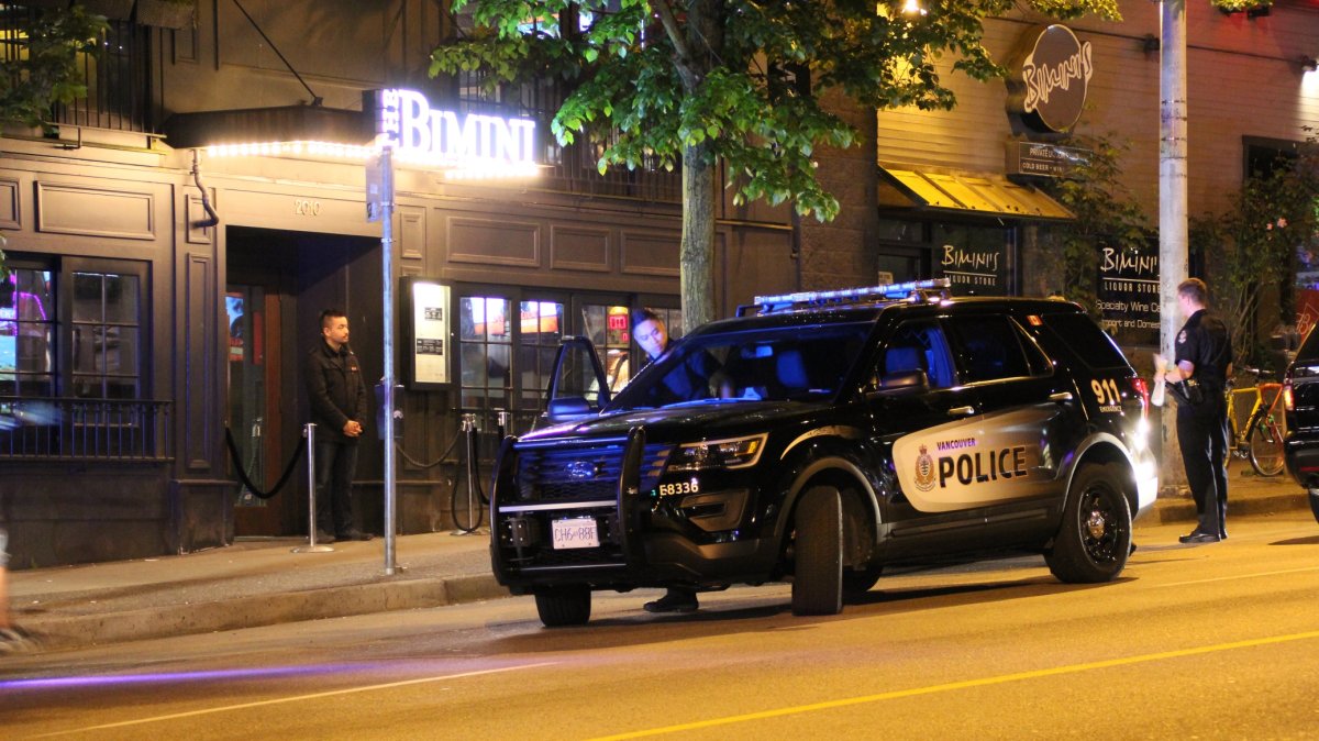 Police investigate a double stabbing at the Bimini nightclub in Vancouver on April 29, 2016.